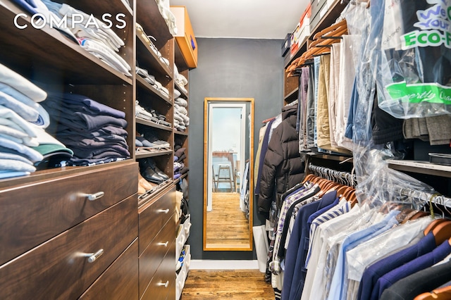 walk in closet with wood finished floors