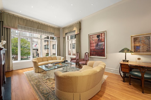 living area featuring baseboards, light wood-style floors, and crown molding