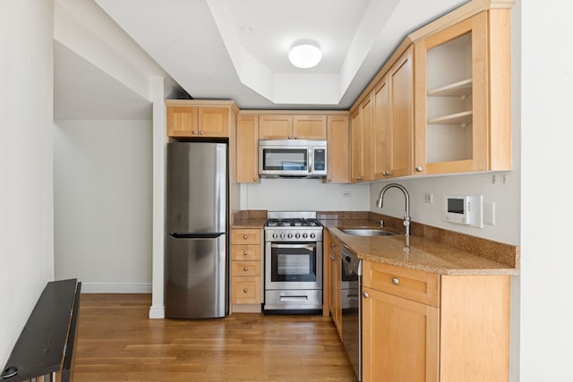 kitchen featuring light brown cabinets, a sink, stainless steel appliances, glass insert cabinets, and light wood-type flooring