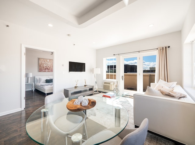 32-86 41st St Unit 5C, New York City, NY 11103 - dining room featuring wood finished floors, recessed lighting, a wall mounted air conditioner, and baseboards