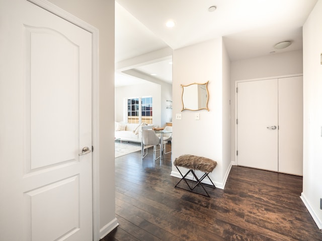 32-86 41st St Unit 5C, New York City, NY 11103 - hallway featuring dark wood-style flooring, recessed lighting, and baseboards