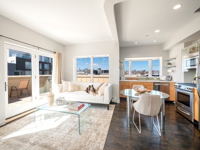 32-86 41st St Unit 5C, New York City, NY 11103 - living room with recessed lighting, dark wood-style flooring, and visible vents