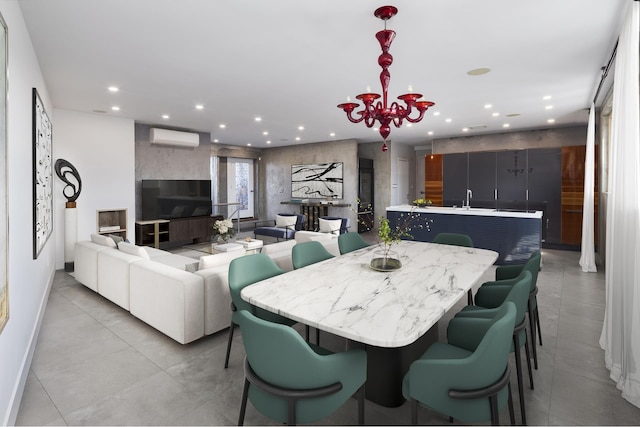 dining room with recessed lighting and an AC wall unit