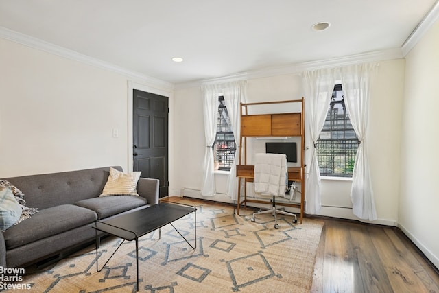 living room with baseboards, crown molding, and wood-type flooring