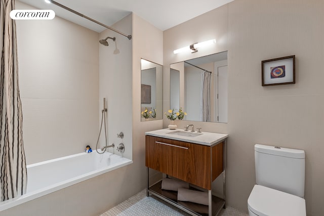 full bathroom featuring visible vents, vanity, toilet, and shower / tub combo with curtain