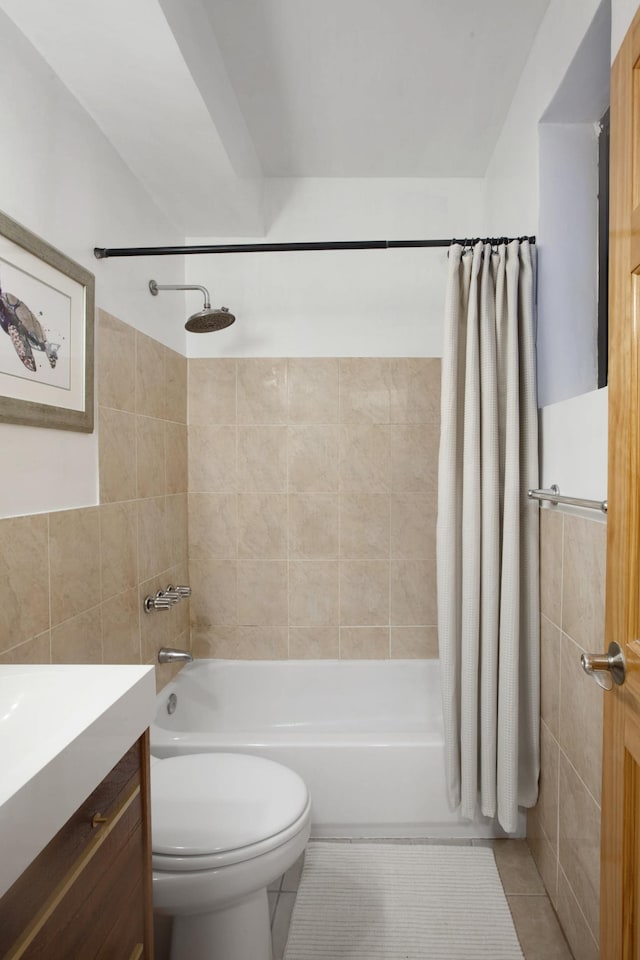 bathroom featuring tile patterned flooring, tile walls, toilet, and shower / bathtub combination with curtain