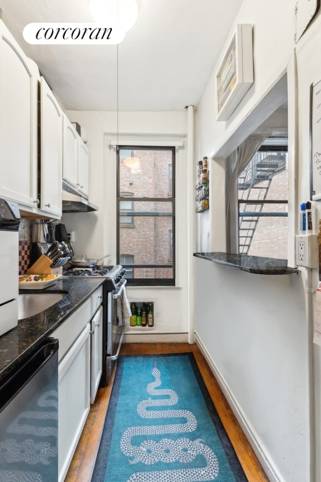 kitchen with under cabinet range hood, dishwasher, stainless steel gas range, and wood finished floors