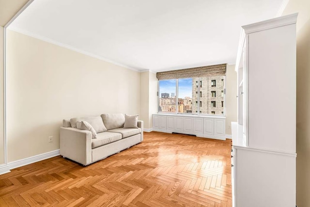 unfurnished room featuring a city view, crown molding, visible vents, and baseboards