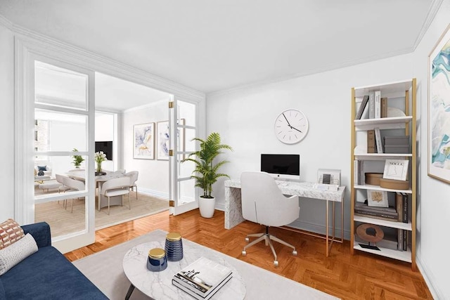 home office with baseboards and ornamental molding