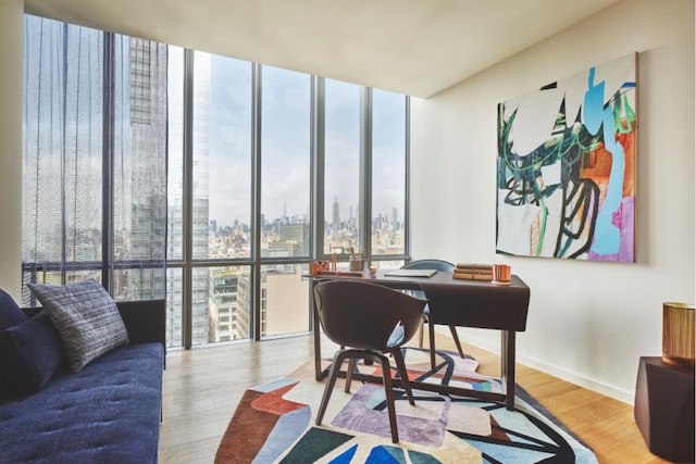 office featuring a wall of windows, baseboards, a view of city, and wood finished floors