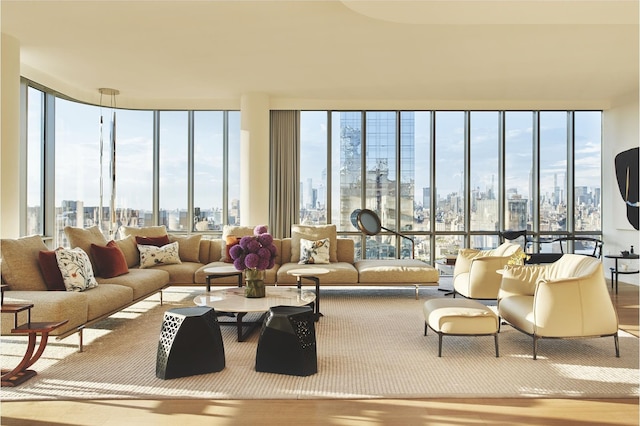 living area featuring a city view and wood finished floors