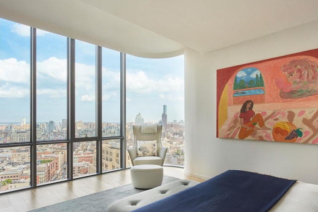 bedroom featuring floor to ceiling windows, a view of city, and wood finished floors