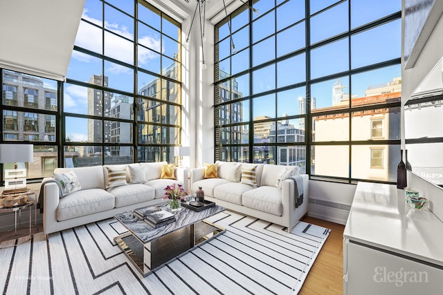 living room featuring wood finished floors, baseboards, a high ceiling, expansive windows, and a view of city