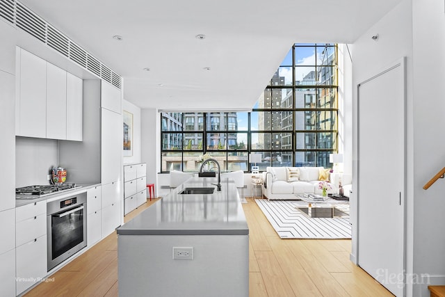 kitchen with a sink, modern cabinets, light wood-style floors, and stainless steel appliances