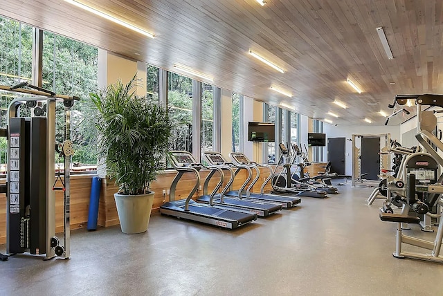 workout area with wooden ceiling and a wall of windows