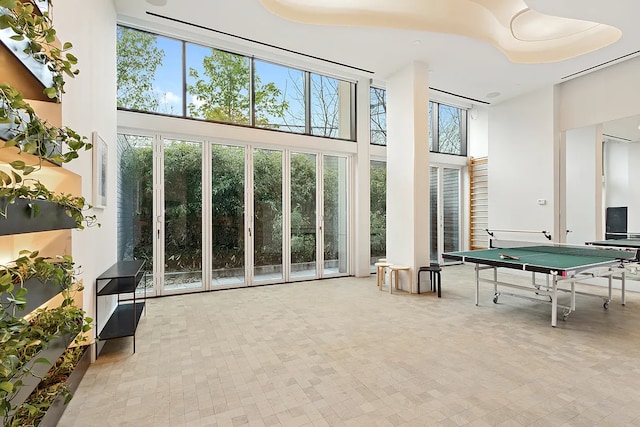 game room featuring a towering ceiling