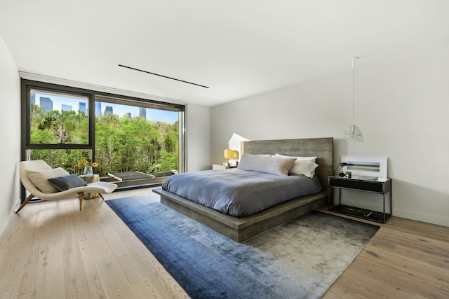 bedroom with a wall of windows, wood finished floors, and baseboards