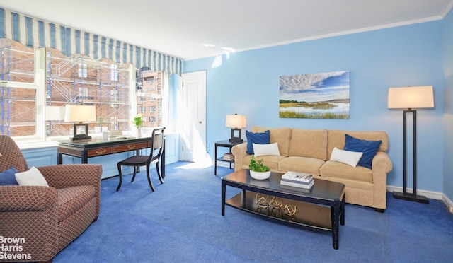 carpeted living room with baseboards and crown molding