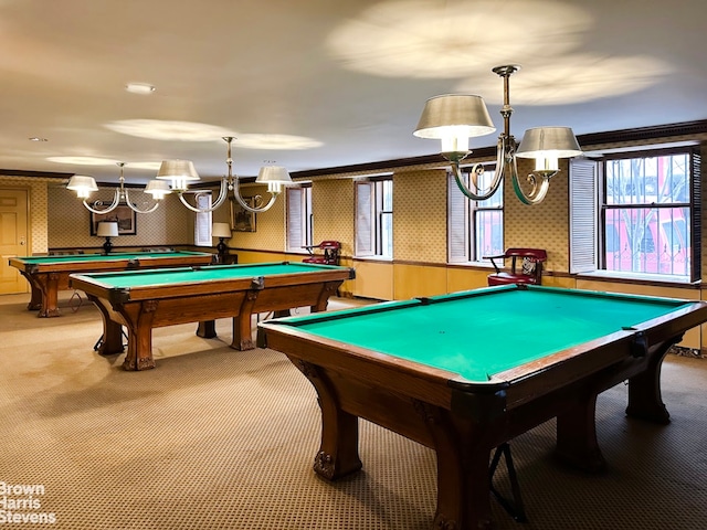 rec room with a wainscoted wall, carpet floors, pool table, and wallpapered walls