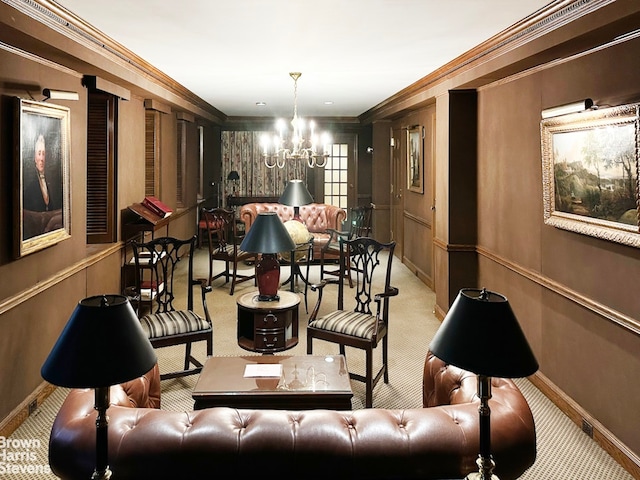 living room featuring an inviting chandelier, crown molding, carpet flooring, and baseboards