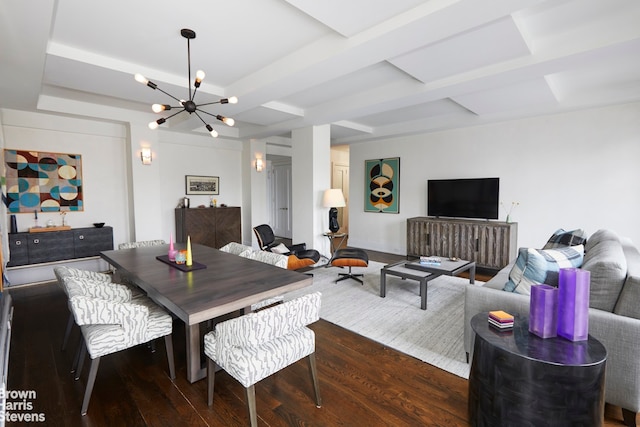 dining area with beamed ceiling, wood finished floors, and a chandelier