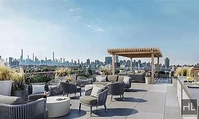 view of patio / terrace with an outdoor hangout area, a city view, and a pergola