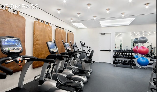 exercise room featuring a skylight