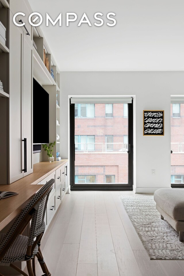 living room with an office area