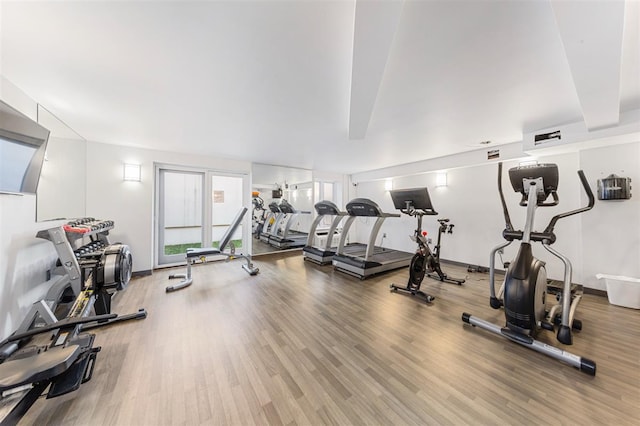 workout area with a wealth of natural light and wood finished floors