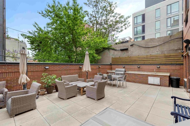 view of patio / terrace with an outdoor living space, outdoor dining area, and fence