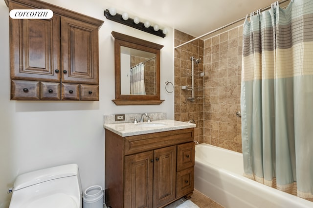 bathroom with toilet, vanity, and shower / bathtub combination with curtain