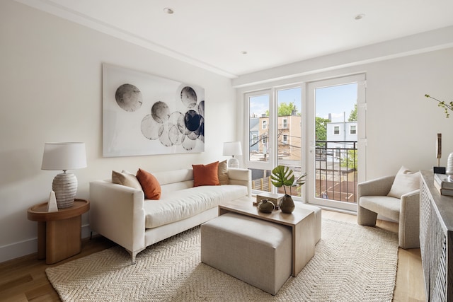 living area featuring baseboards and light wood finished floors