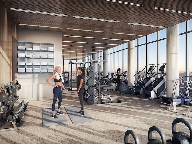 exercise room featuring a wall of windows and carpet floors