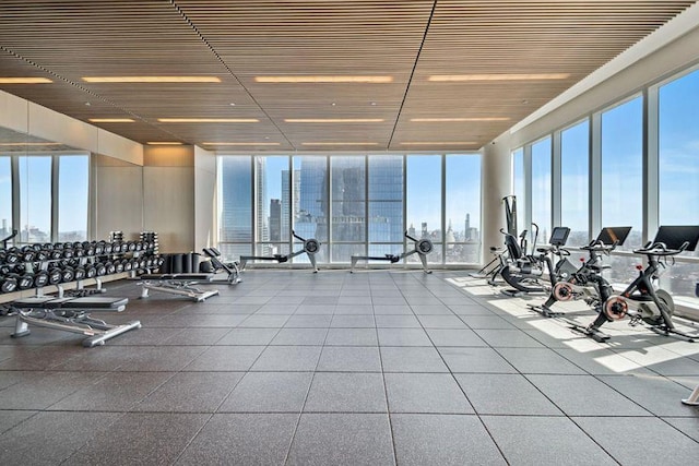 gym featuring a view of city and expansive windows