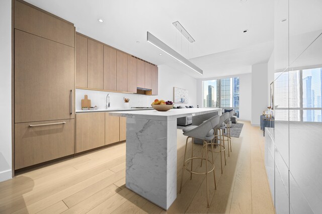 kitchen with light countertops, a kitchen breakfast bar, modern cabinets, and light wood finished floors