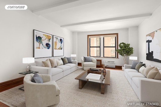 living room featuring beamed ceiling, baseboards, visible vents, and wood finished floors