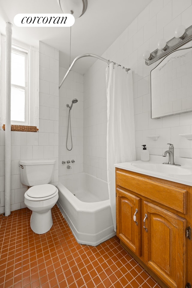 bathroom with vanity, shower / bath combo, decorative backsplash, tile walls, and toilet