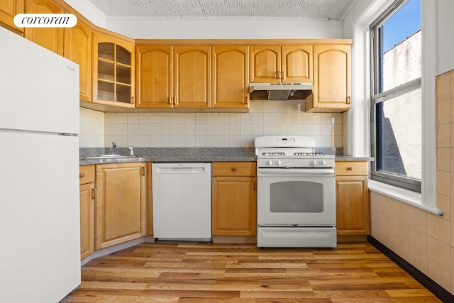 kitchen featuring glass insert cabinets, under cabinet range hood, light wood-type flooring, white appliances, and a sink