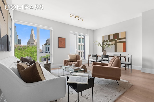 living area with baseboards, plenty of natural light, wood finished floors, and a view of city