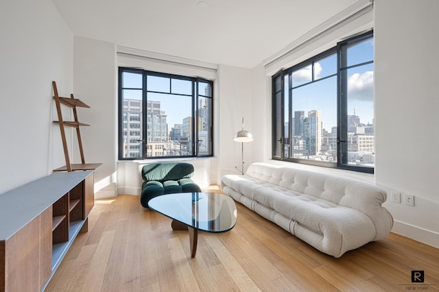 living room with a city view, light wood-style flooring, a healthy amount of sunlight, and baseboards