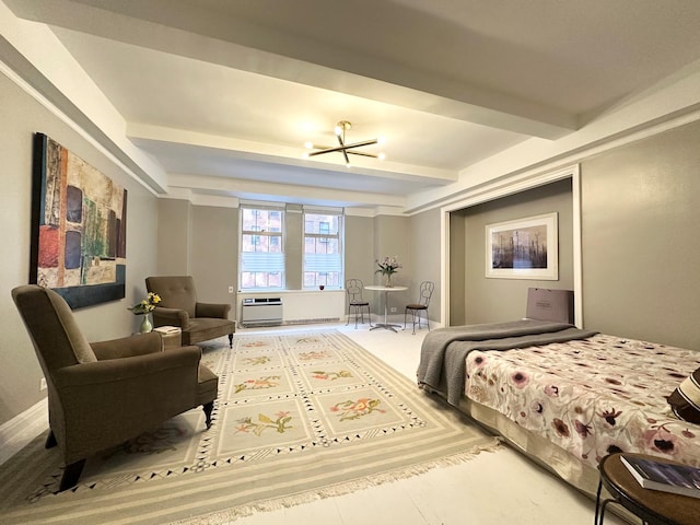 bedroom with baseboards, beam ceiling, and tile patterned flooring