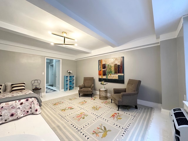 bedroom featuring beamed ceiling and baseboards