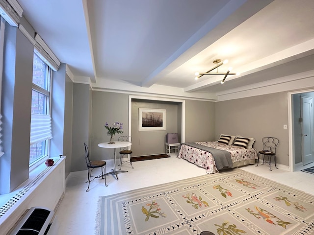 bedroom featuring beamed ceiling, baseboards, and a chandelier