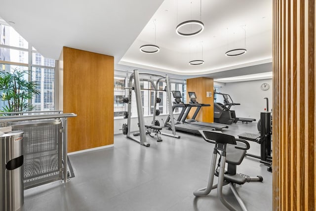 workout area with a raised ceiling