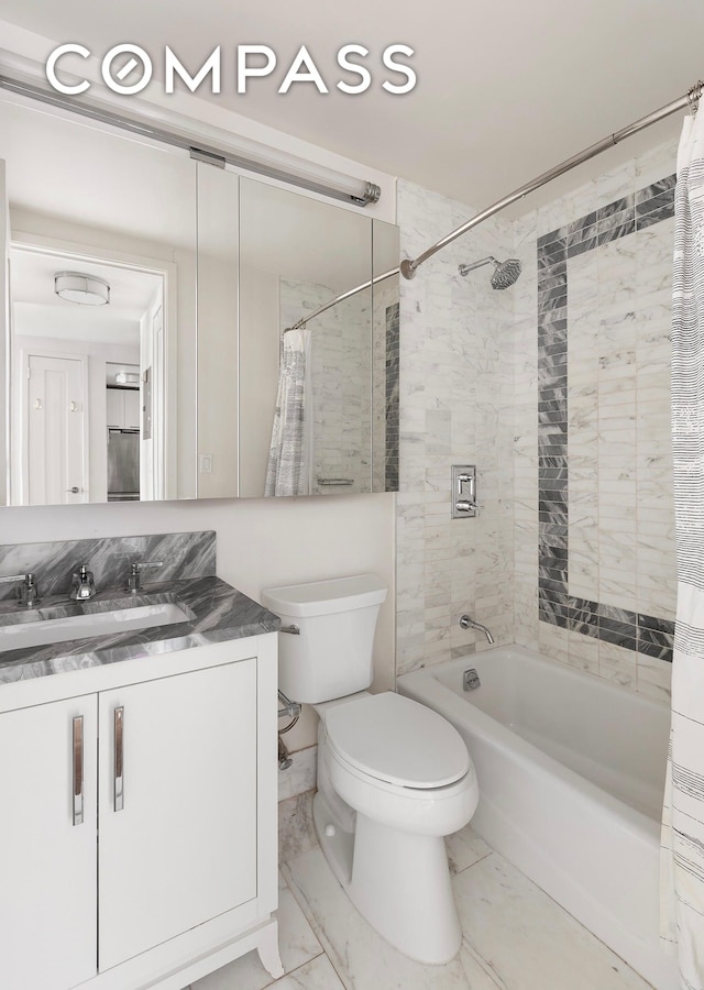 full bathroom with shower / bath combination with curtain, vanity, toilet, and marble finish floor