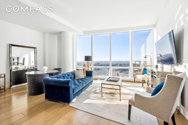 living area featuring expansive windows and wood finished floors