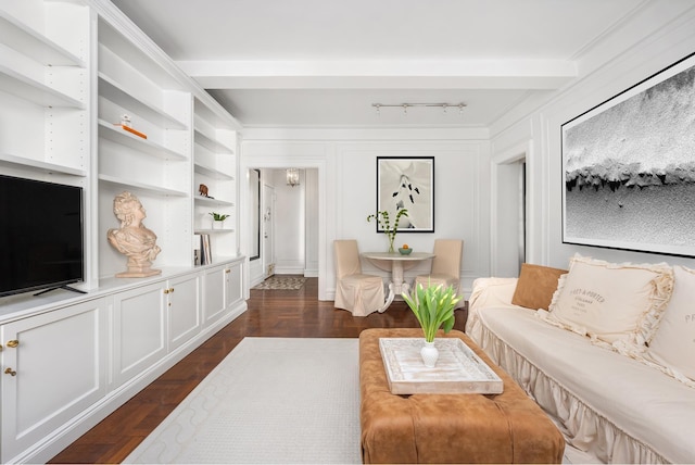 living room featuring track lighting
