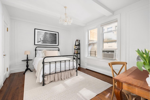 bedroom featuring a notable chandelier, beam ceiling, a decorative wall, radiator, and dark wood-type flooring