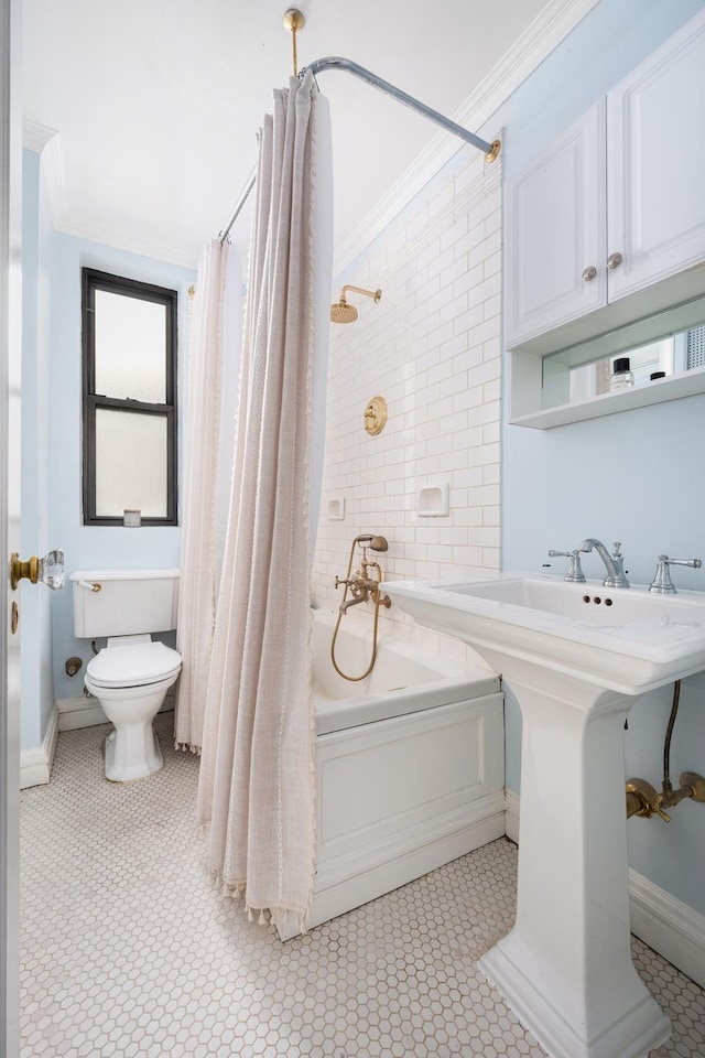 full bath with tile patterned floors, toilet, crown molding, and shower / bath combination with curtain