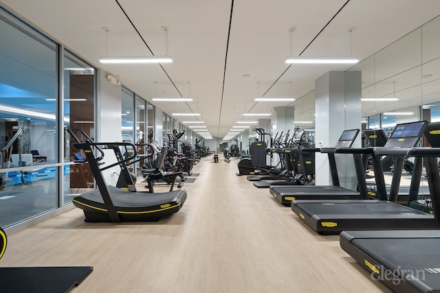 gym with a wall of windows and wood finished floors